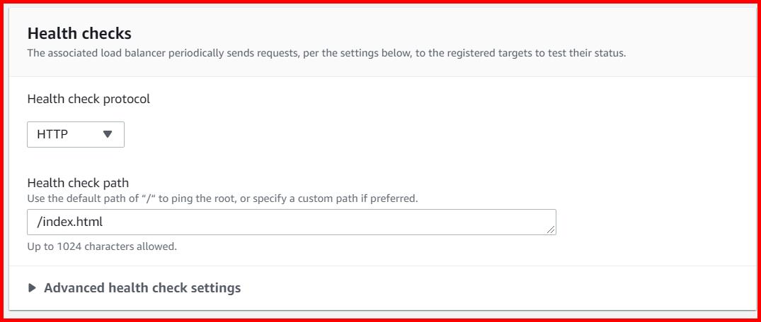 Picture showing specifying the health check path as index.html